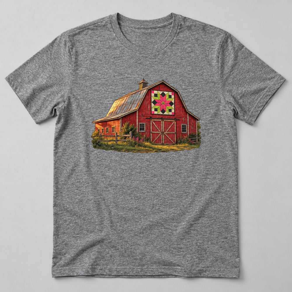 Old Barn Quilt T-Shirt in Heather Grey