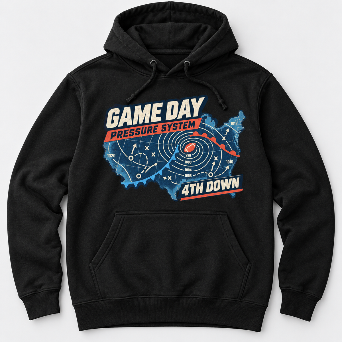 Quarterback Weather Map black hoodie front print garment-only mockup