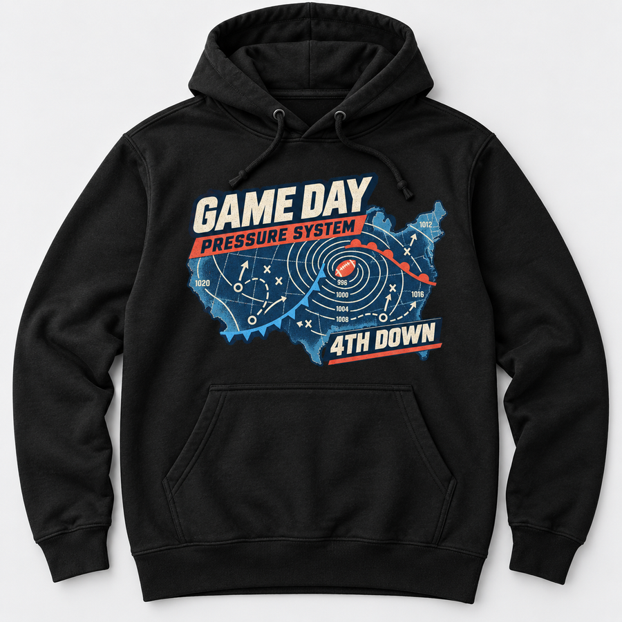 Quarterback Weather Map black hoodie front print garment-only mockup