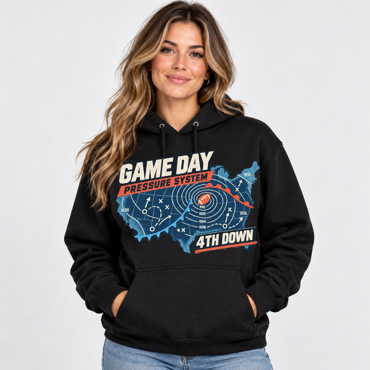 Quarterback Weather Map black hoodie front print on adult model