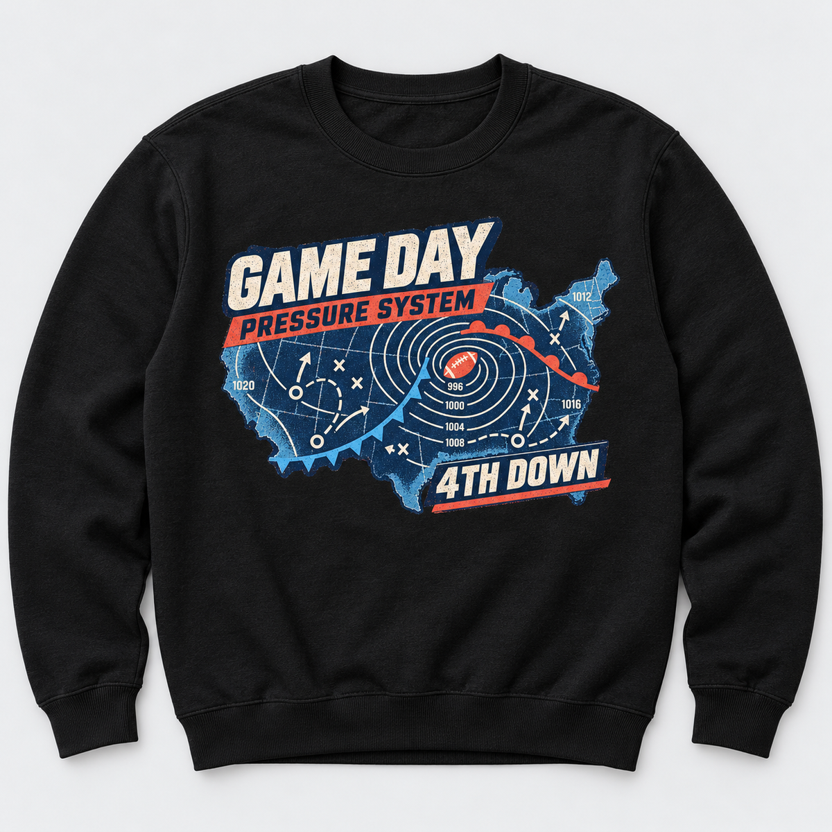 Quarterback Weather Map black sweatshirt front print garment-only mockup