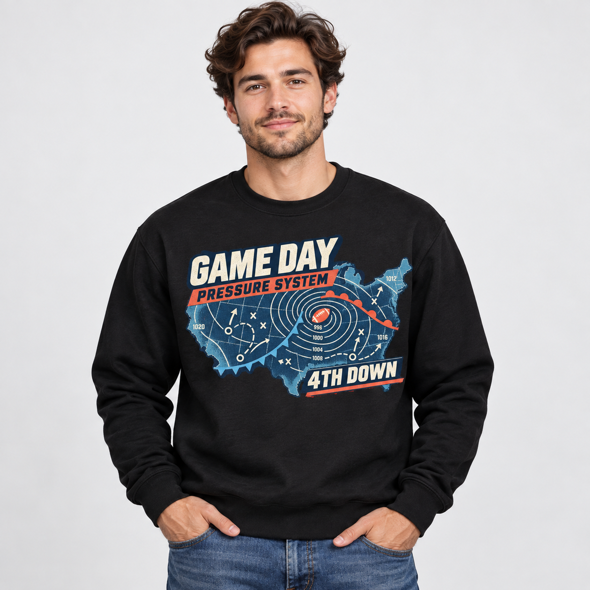 Quarterback Weather Map black sweatshirt front print on adult model