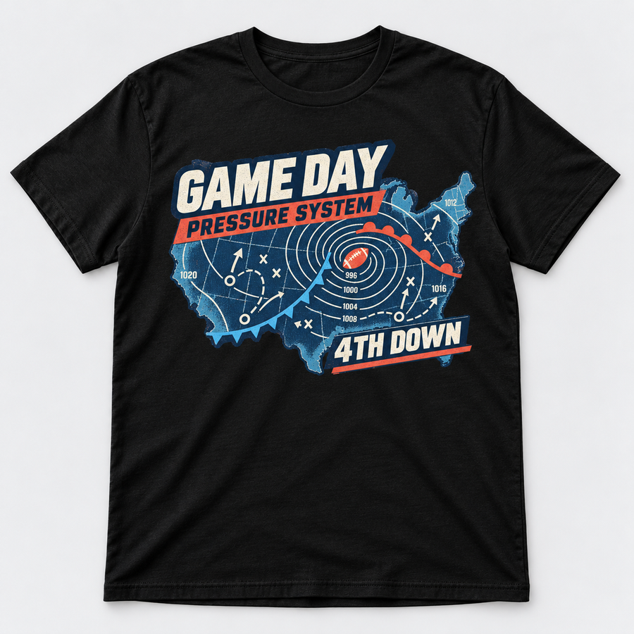 Quarterback Weather Map black T-shirt front print garment mockup