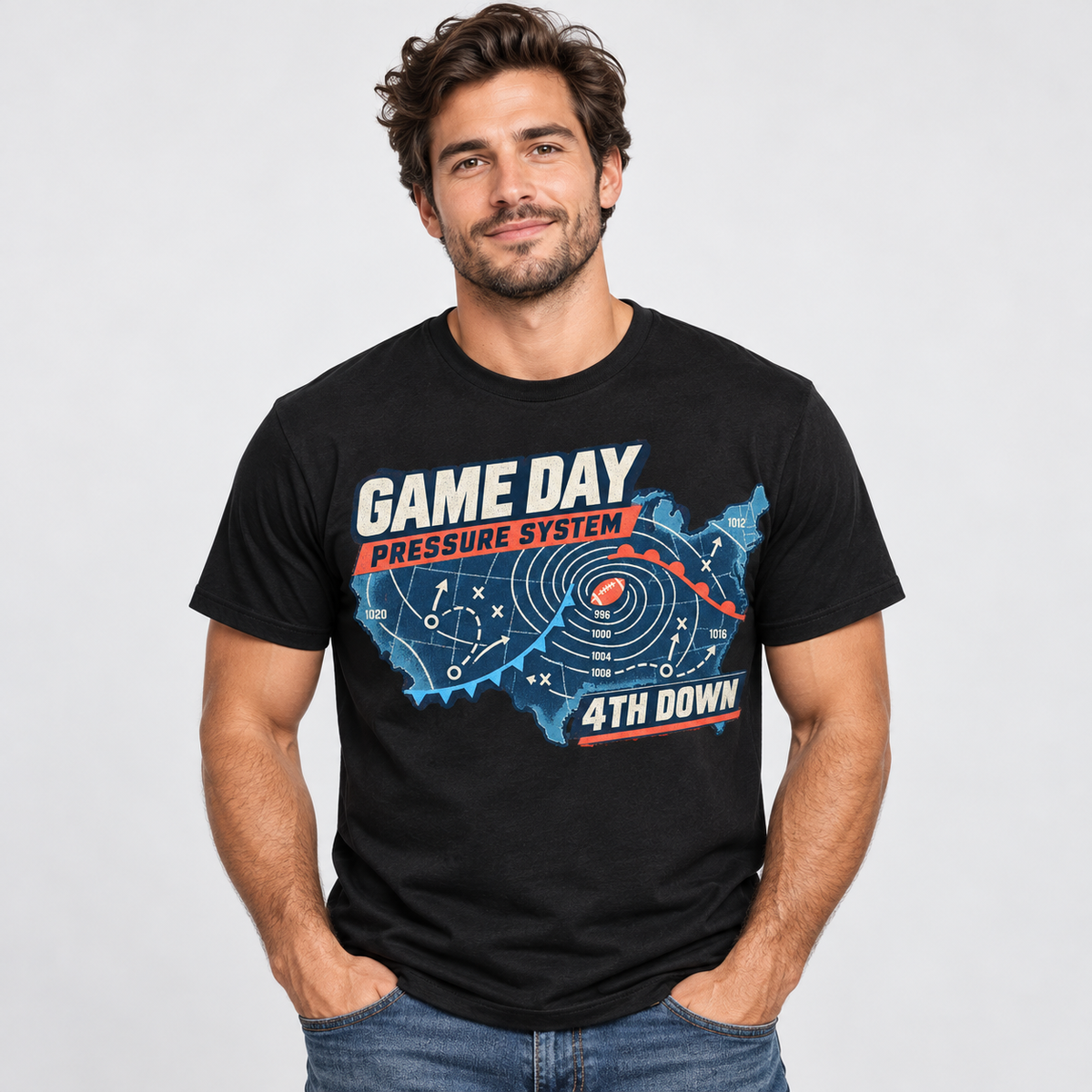 Quarterback Weather Map black T-shirt front print on adult model