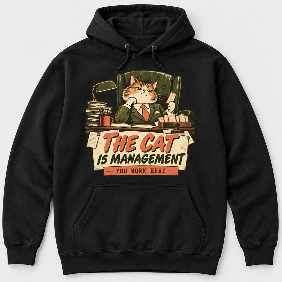 The Cat Is Management black hoodie front print garment-only mockup