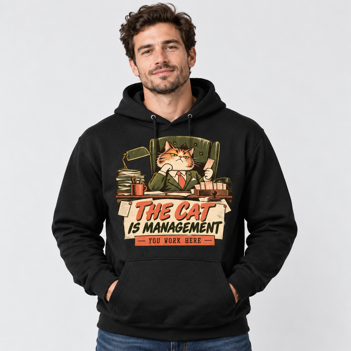 The Cat Is Management black hoodie front print on adult model
