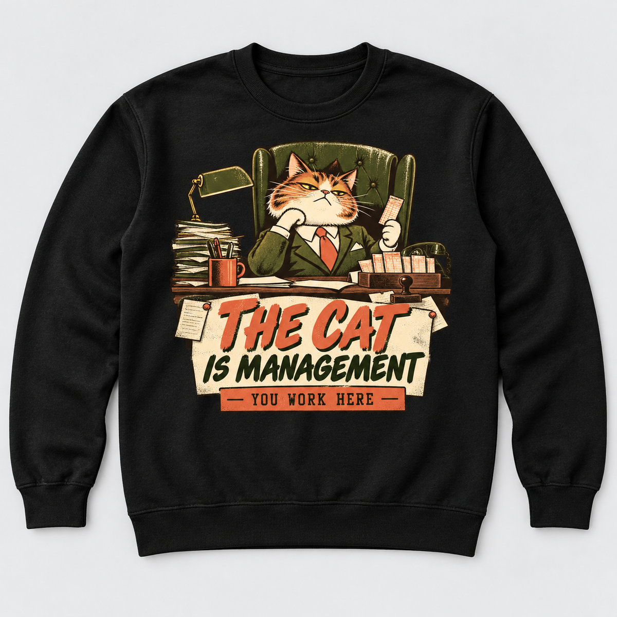 The Cat Is Management black sweatshirt front print garment-only mockup
