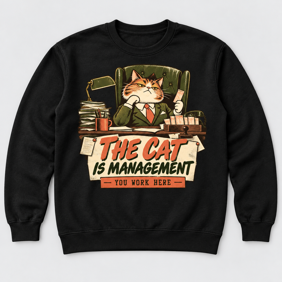 The Cat Is Management black sweatshirt front print garment-only mockup