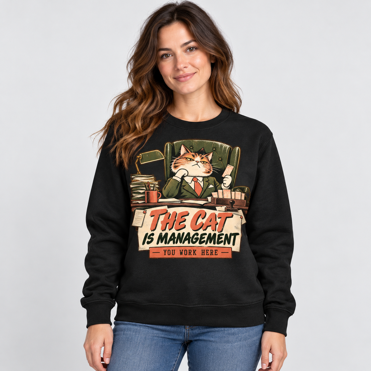 The Cat Is Management black sweatshirt front print on adult model
