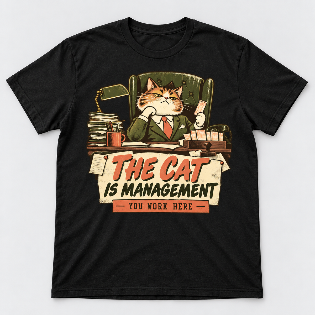 The Cat Is Management black T-shirt front print garment-only mockup