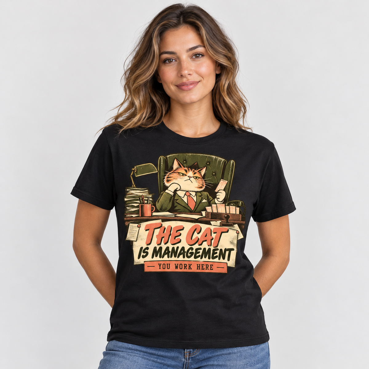 The Cat Is Management black T-shirt front print on adult model