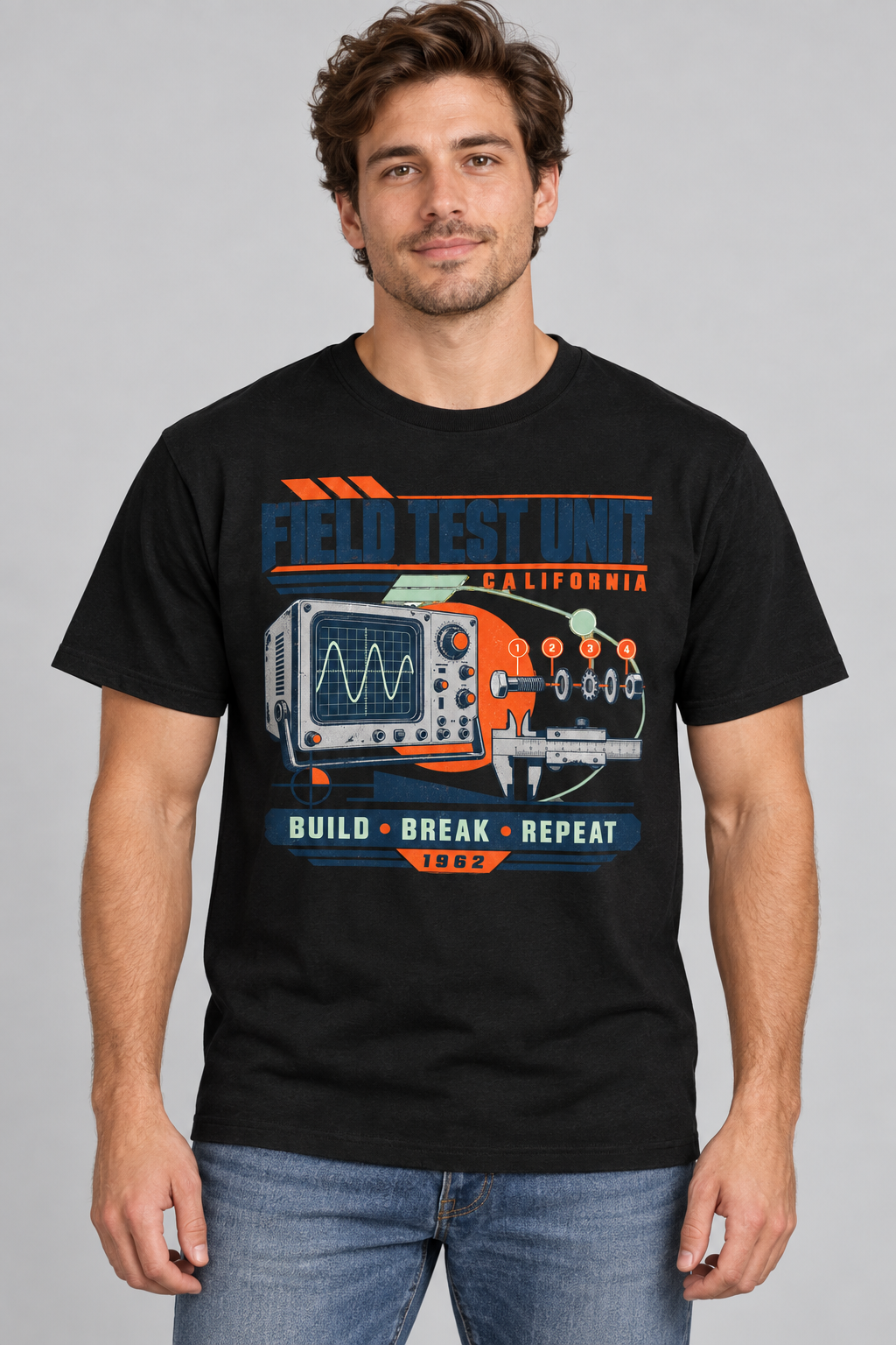 Field Test Unit black T-shirt, front print on an adult model; illustrative mockup