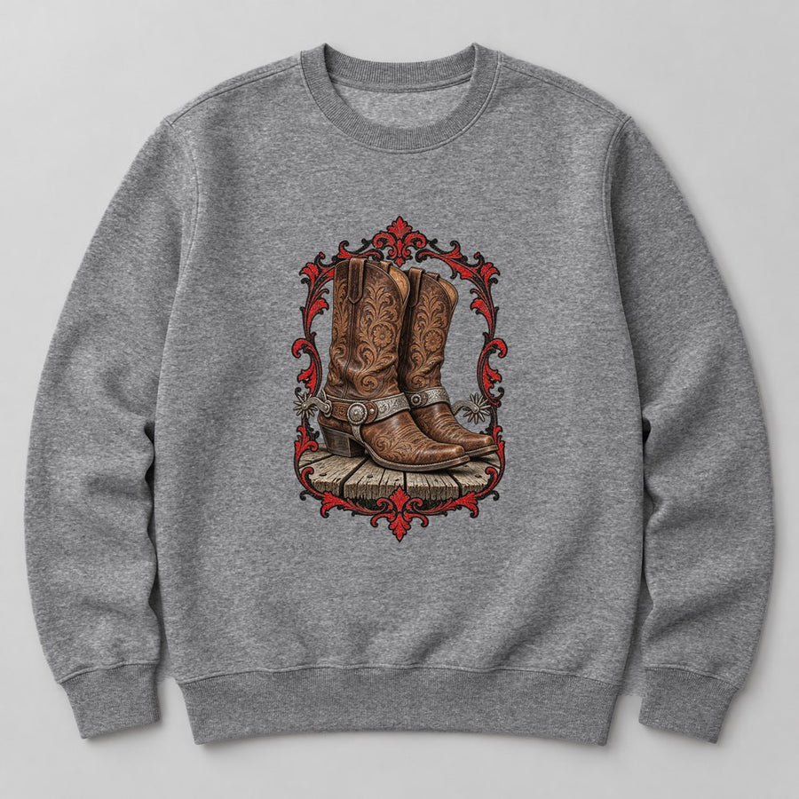 Cowboy Boots Spurs Sweatshirt in Heather Grey