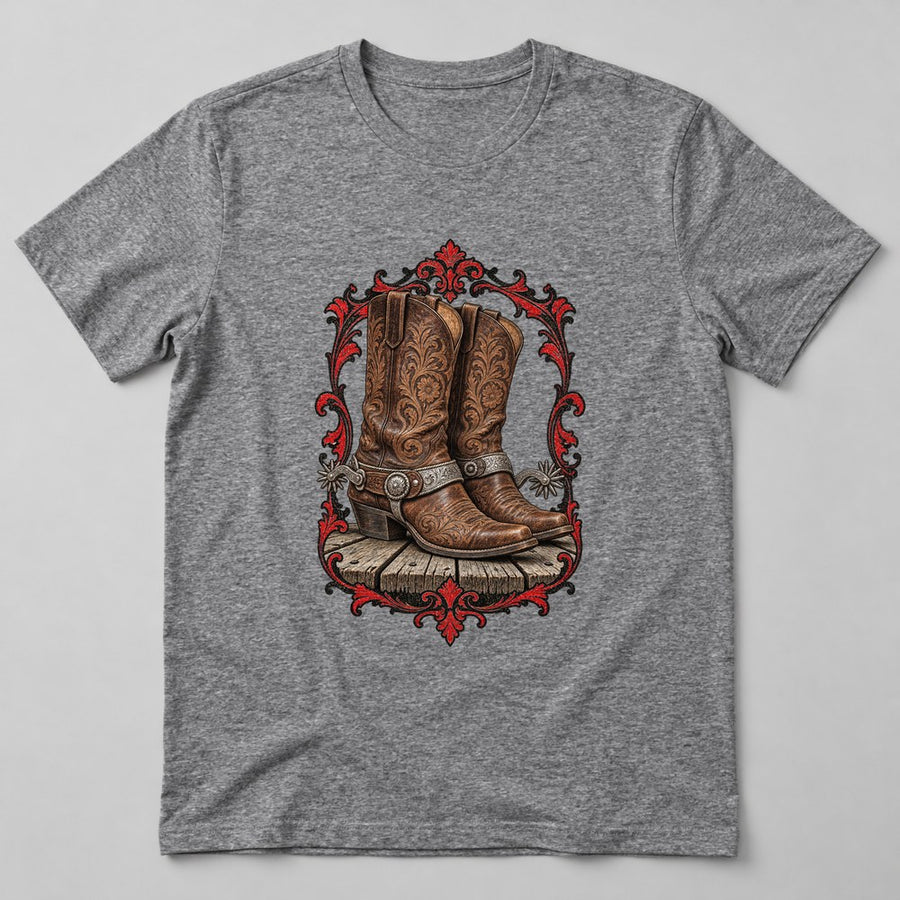 Cowboy Boots Spurs T-Shirt in Heather Grey