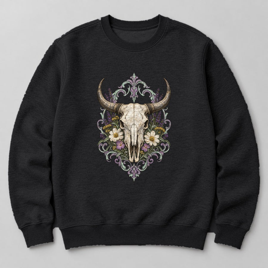 Cow Skull Flowers Sweatshirt in Black