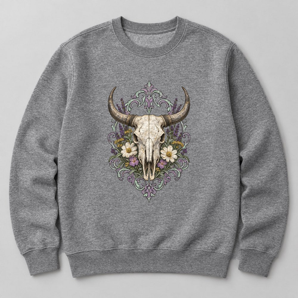 Cow Skull Flowers Sweatshirt in Heather Grey