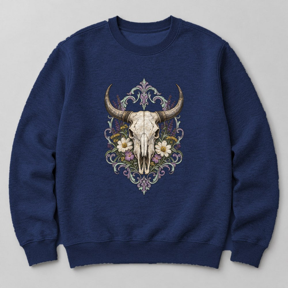 Cow Skull Flowers Sweatshirt in Navy