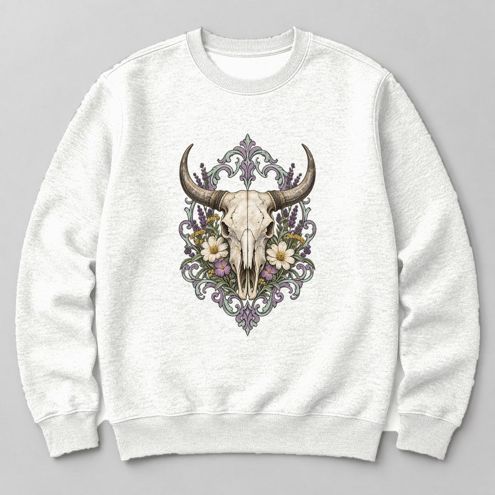 Cow Skull Flowers Sweatshirt in White