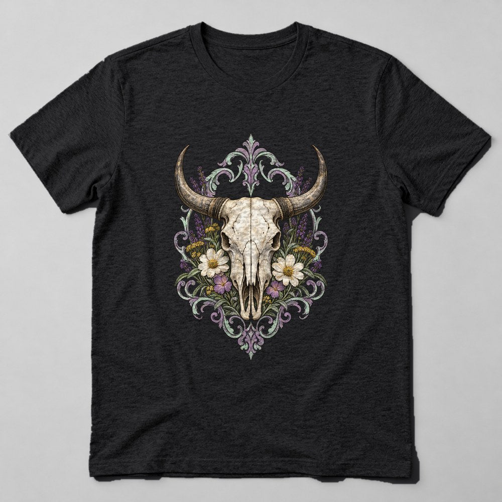 Cow Skull Flowers T-Shirt in Black