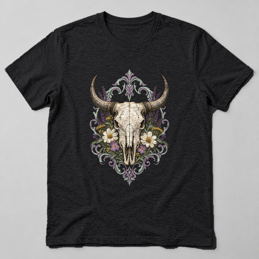 Cow Skull Flowers T-Shirt in Black