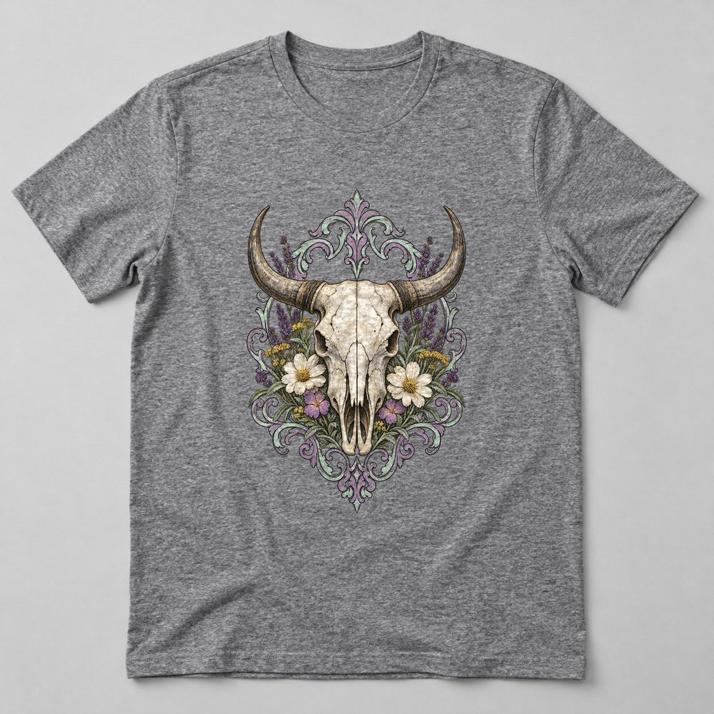 Cow Skull Flowers T-Shirt in Heather Grey