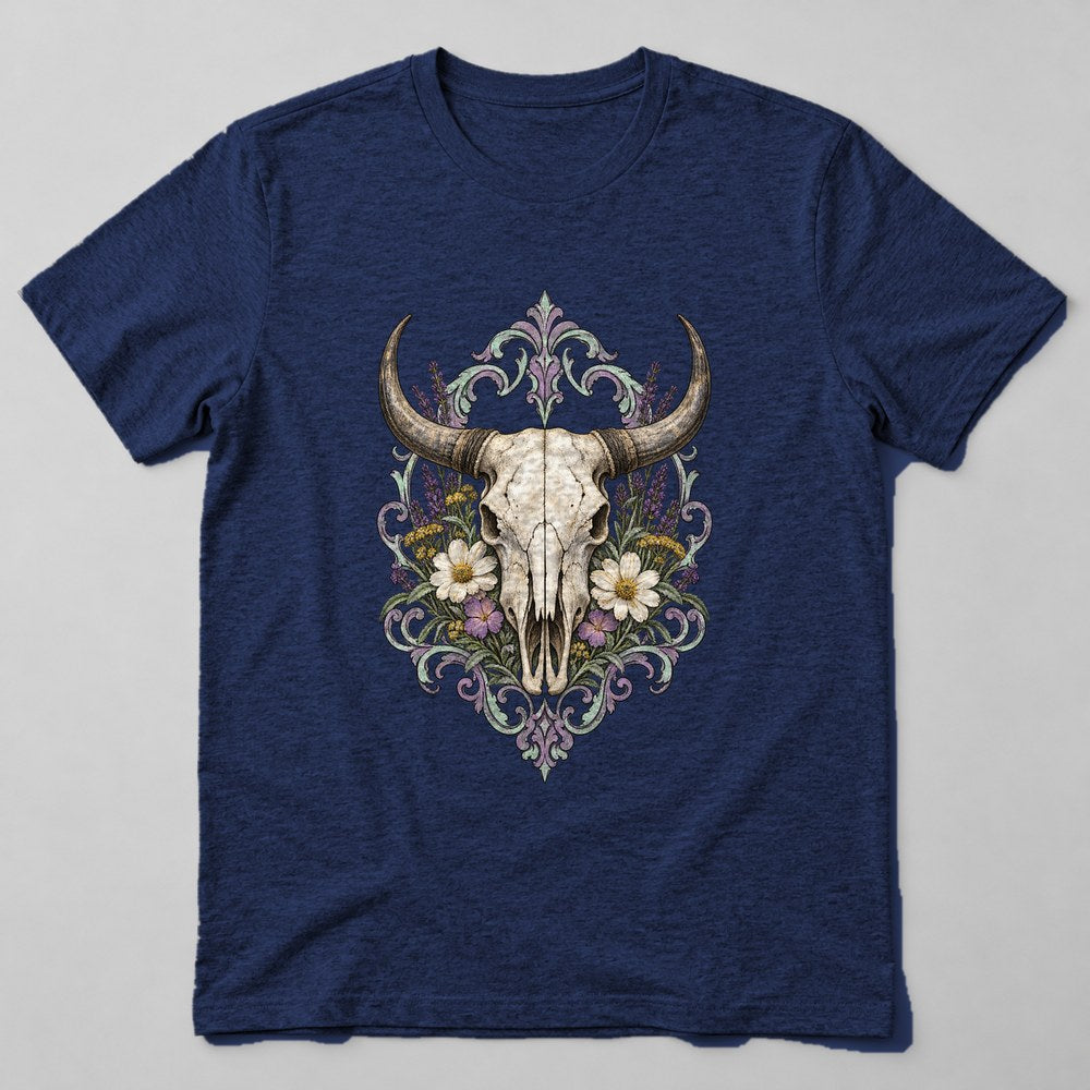Cow Skull Flowers T-Shirt in Navy