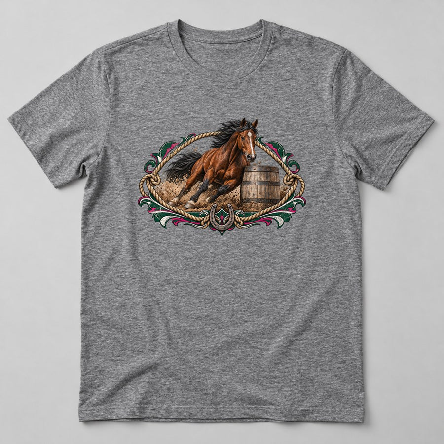 Barrel Racer Horse T-Shirt in Heather Grey