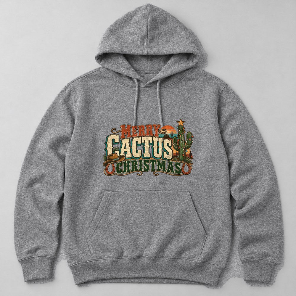 Merry Cactus Christmas Hoodie in Heather Grey