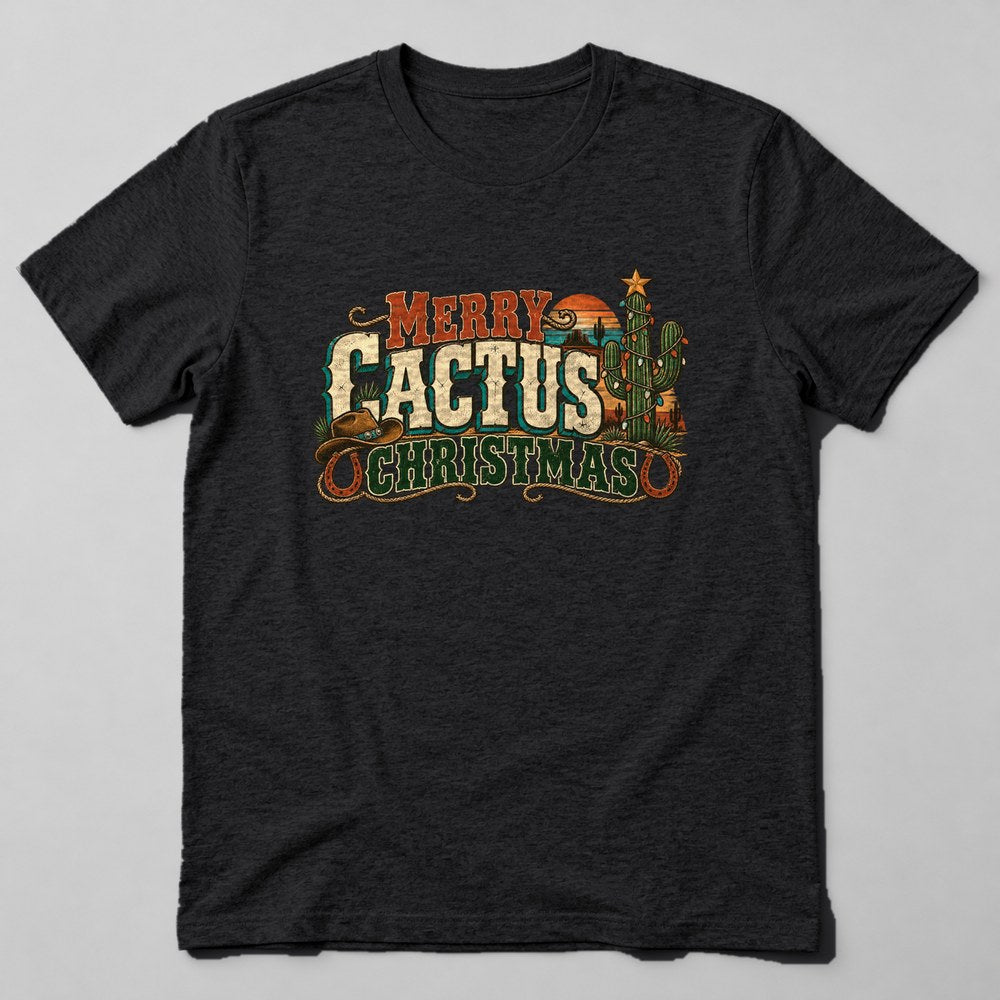 Merry Cactus Christmas T-Shirt in Black