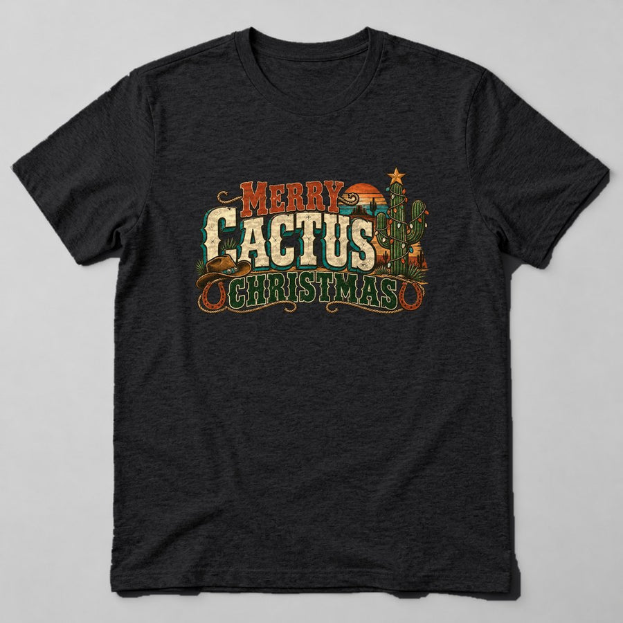 Merry Cactus Christmas T-Shirt in Black