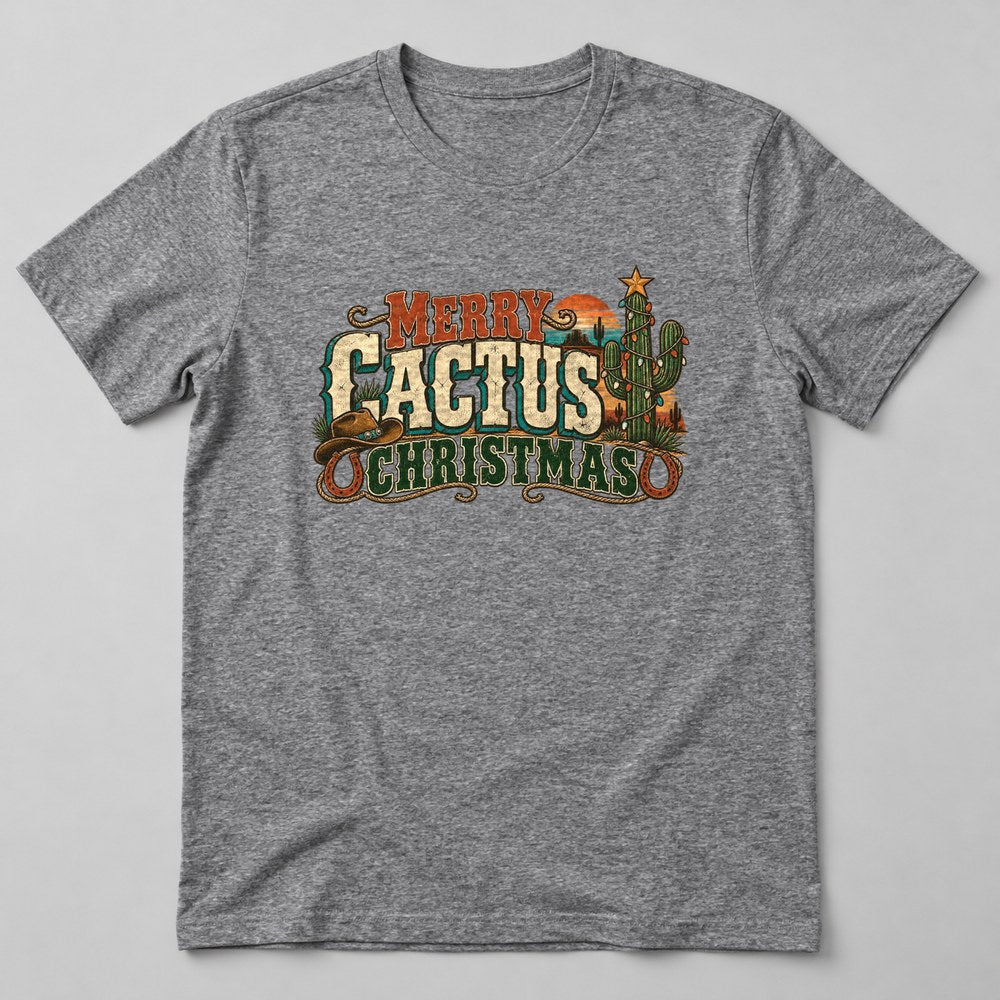 Merry Cactus Christmas T-Shirt in Heather Grey