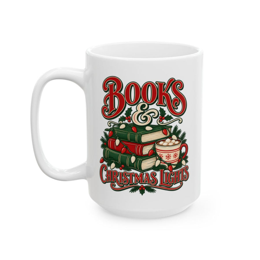 Books & Christmas Lights Mug — 15oz