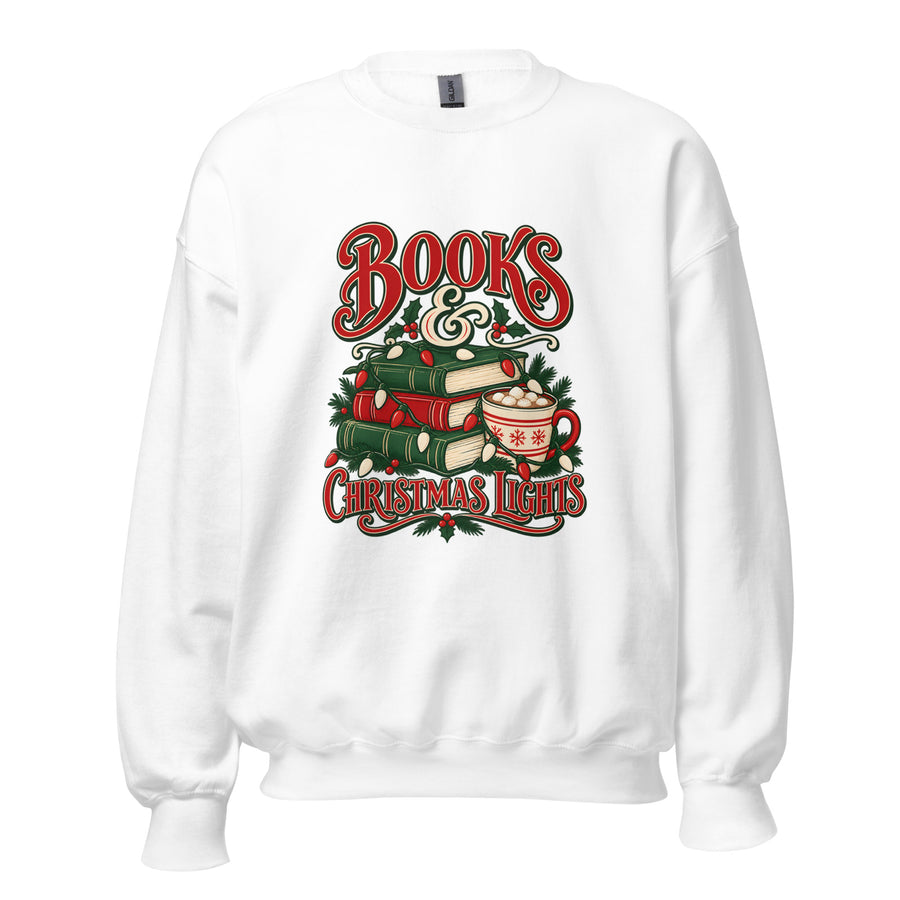 Books & Christmas Lights Crewneck Sweatshirt in White — official front print preview