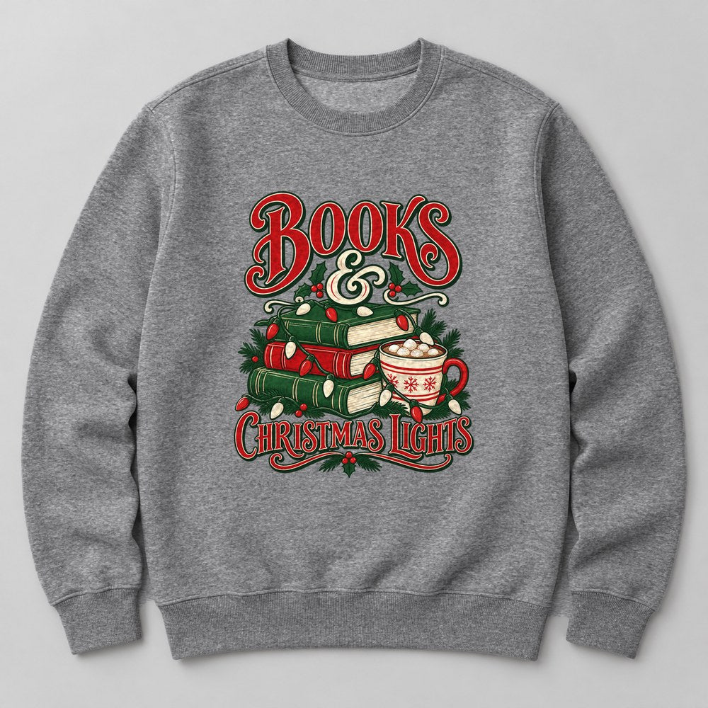 Books & Christmas Lights Sweatshirt in Heather Grey
