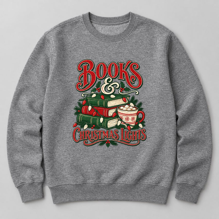 Books & Christmas Lights Sweatshirt in Heather Grey