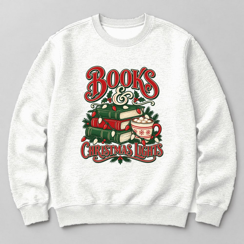 Books & Christmas Lights Sweatshirt in White