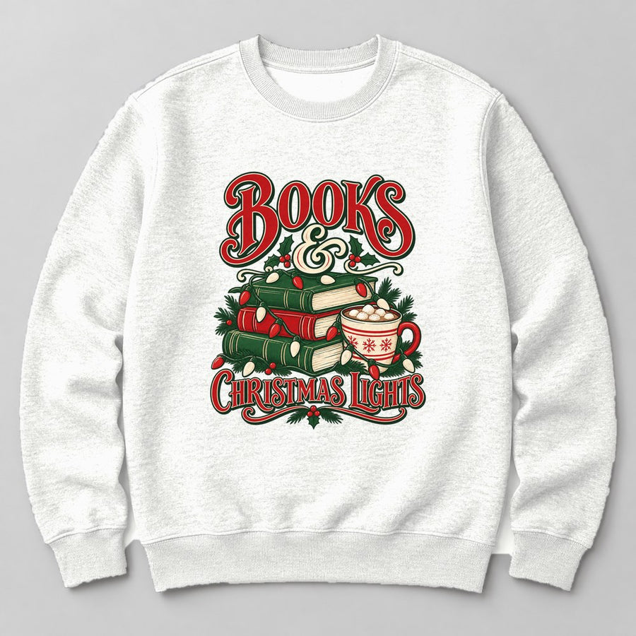 Books & Christmas Lights crewneck sweatshirt in White