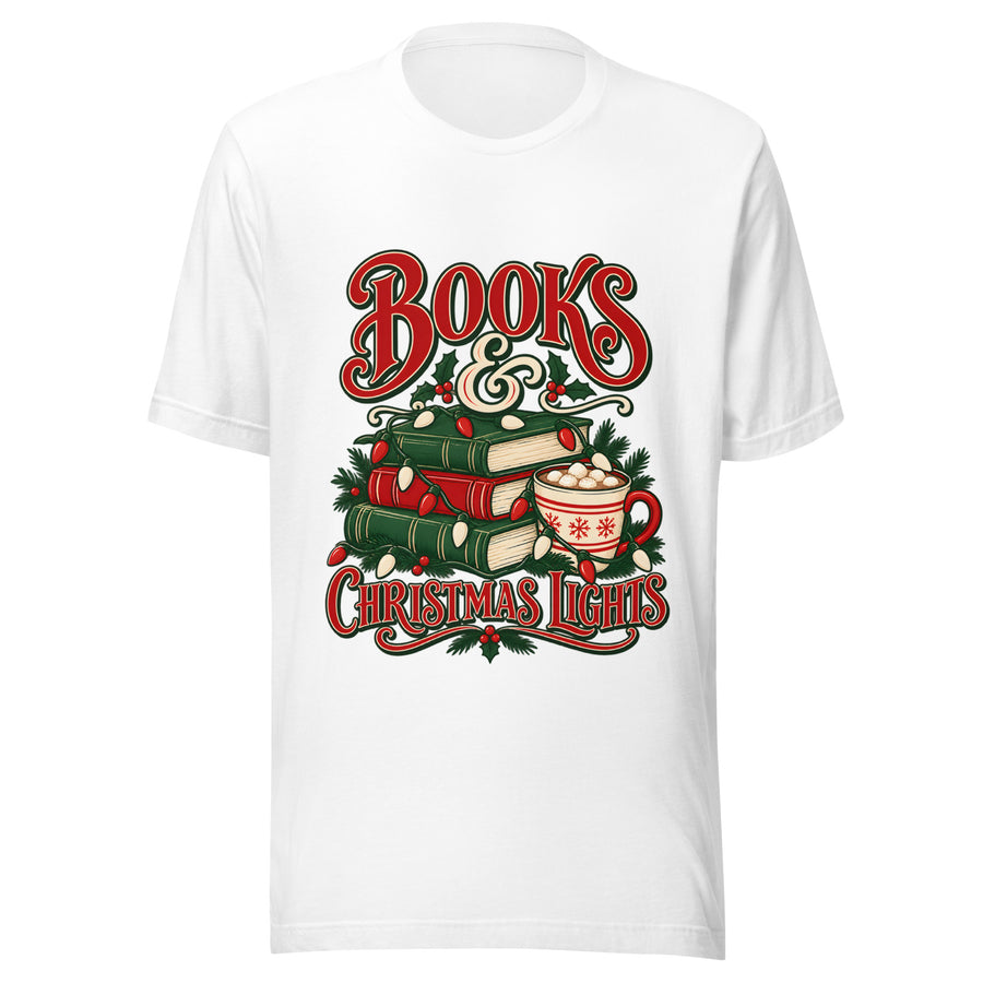 Books & Christmas Lights T-Shirt in White — official front print preview