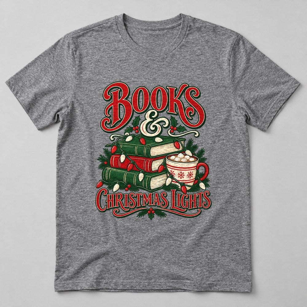Books & Christmas Lights T-Shirt in Heather Grey