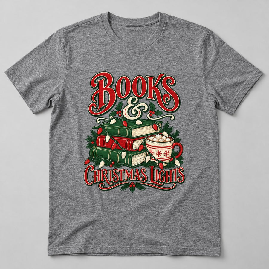 Books & Christmas Lights T-Shirt in Heather Grey