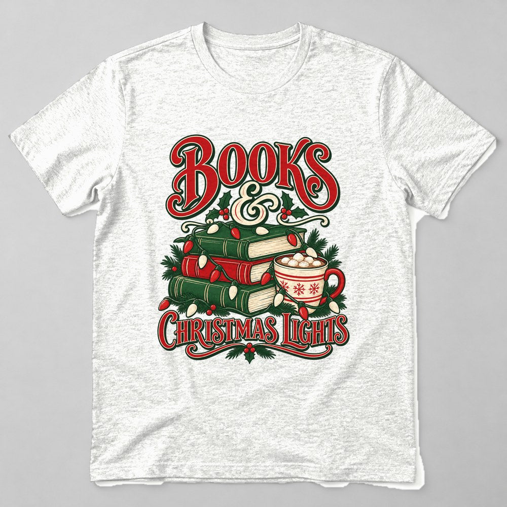 Books & Christmas Lights T-Shirt in White
