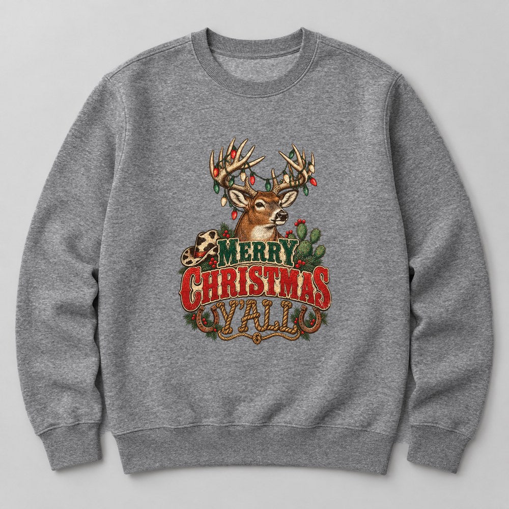Merry Christmas Y'all Sweatshirt in Heather Grey