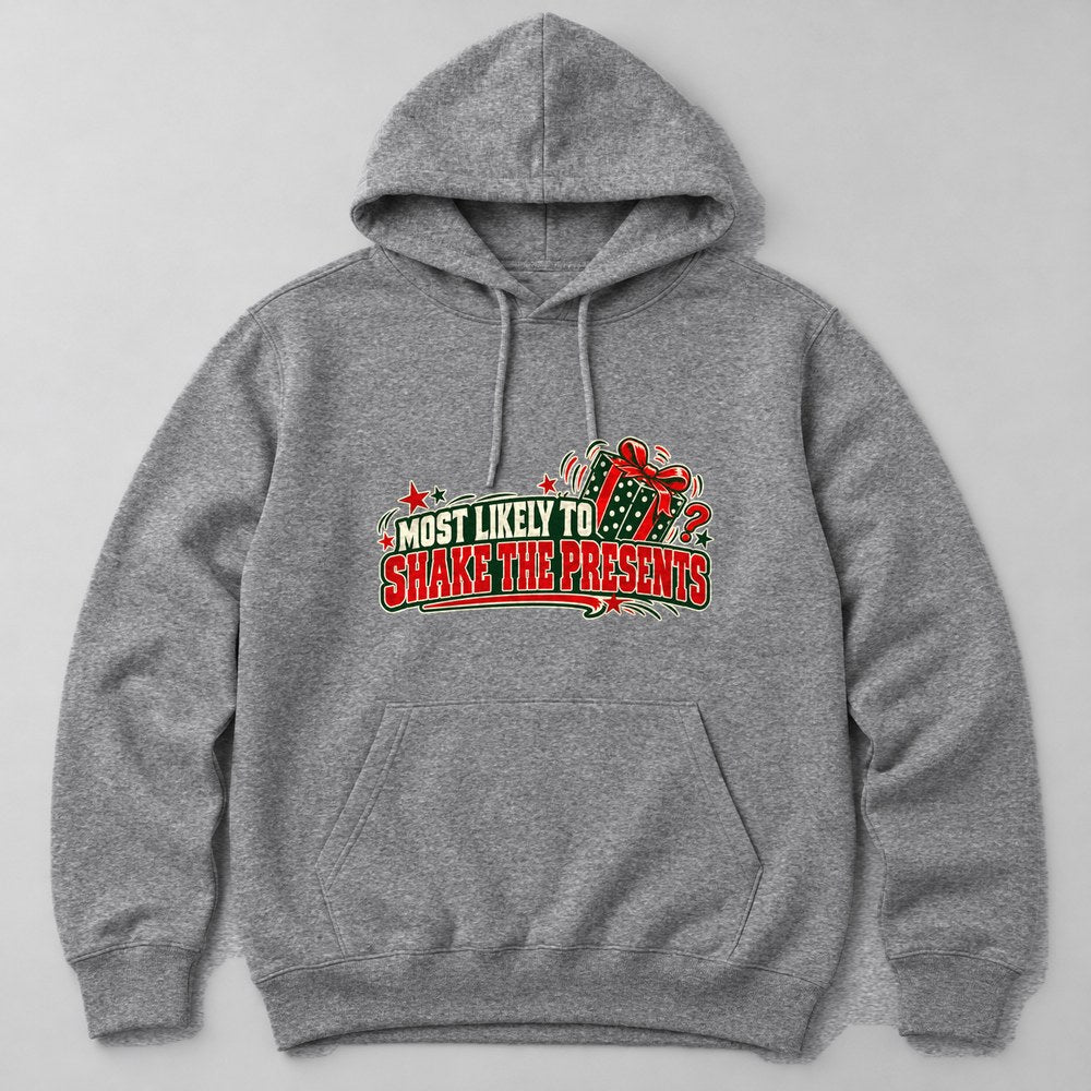 Most Likely to Shake the Presents Hoodie in Heather Grey