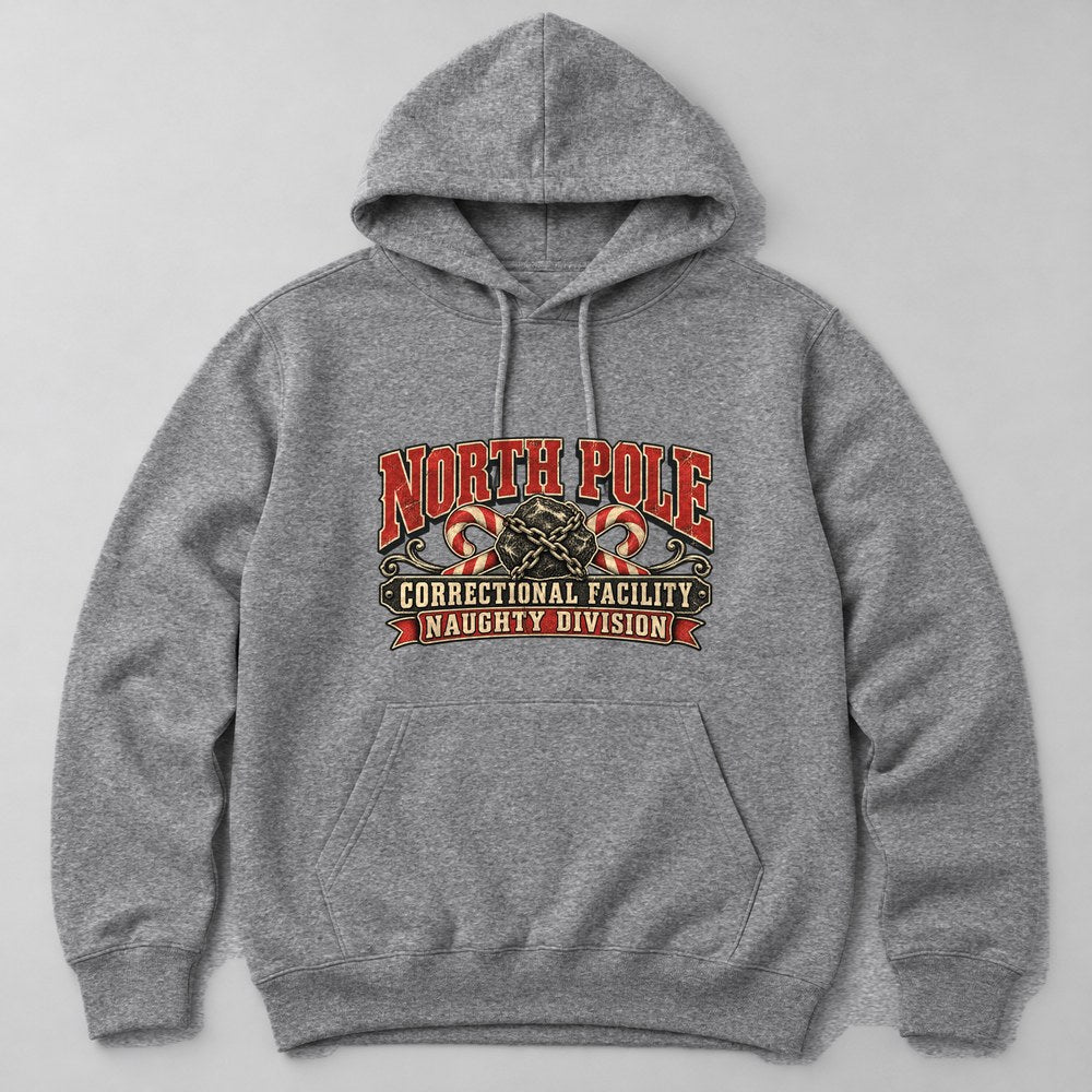 North Pole Correctional Facility Naughty Division Hoodie in Heather Grey