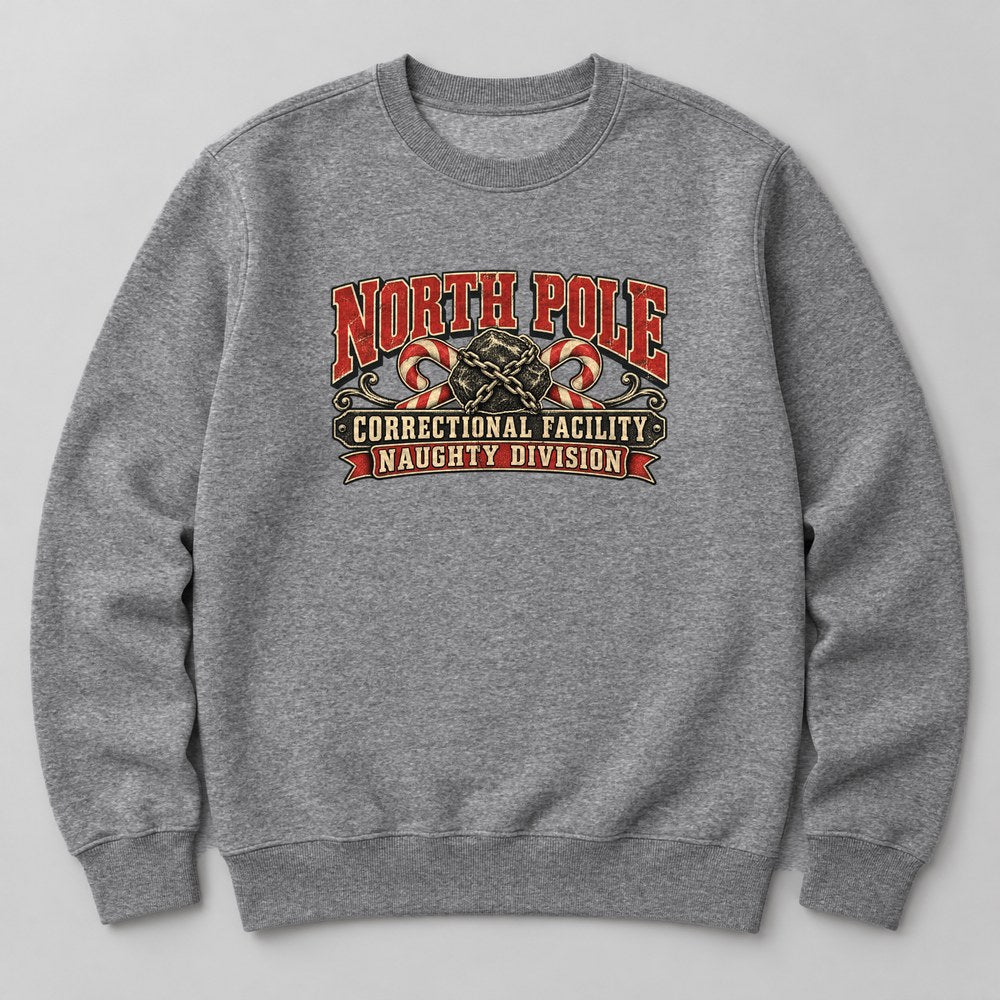 North Pole Correctional Facility Naughty Division Sweatshirt in Heather Grey