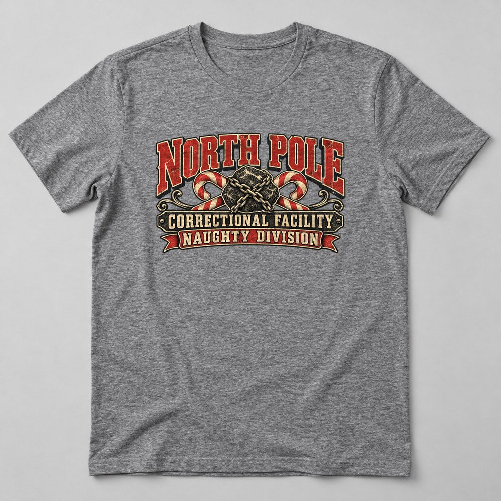 North Pole Correctional Facility Naughty Division T-Shirt in Heather Grey