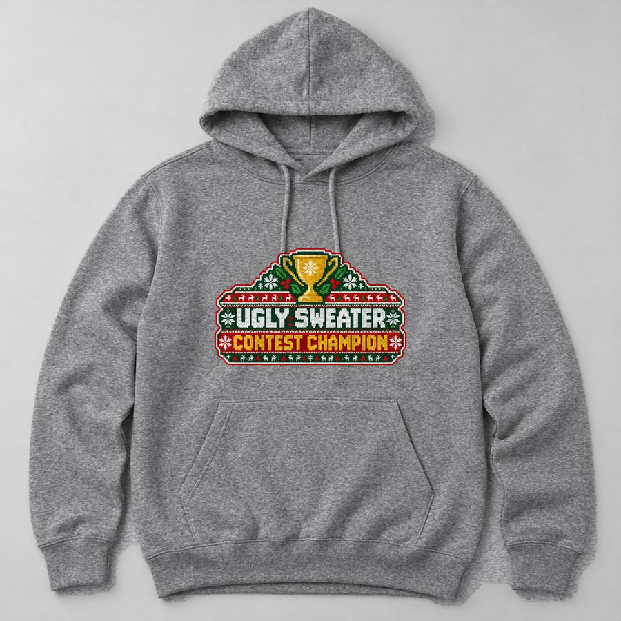 Ugly Sweater Contest Champion Hoodie in Heather Grey