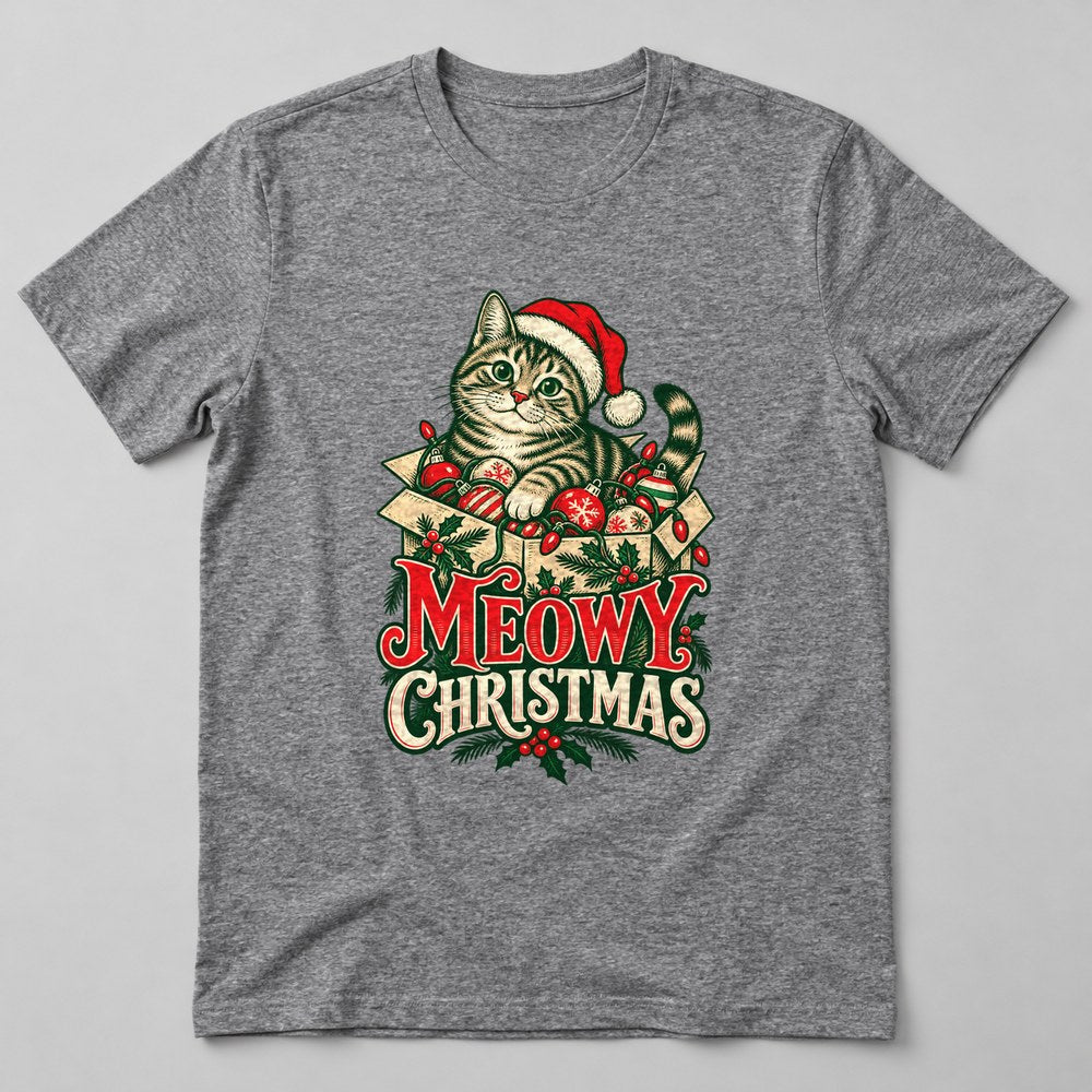 Meowy Christmas T-Shirt in Heather Grey