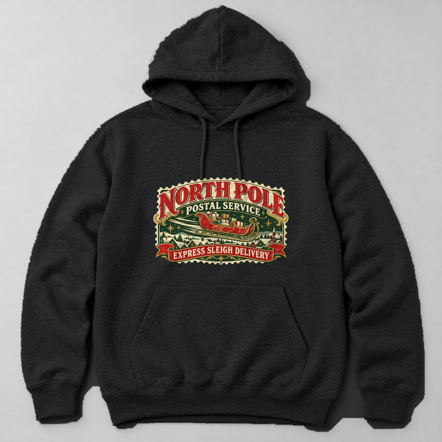 North Pole Postal Service Express Sleigh Delivery Hoodie in Black