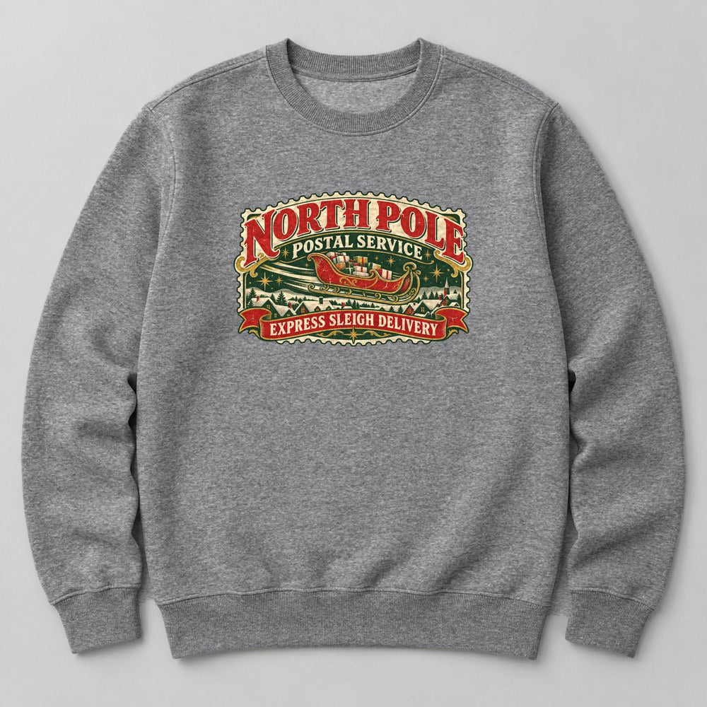 North Pole Postal Service Express Sleigh Delivery Sweatshirt in Heather Grey